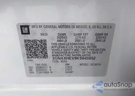 2019 Chevrolet Equinox Ls z USA, uszkodzony, nr VIN 3GNAXHEV9KS649852